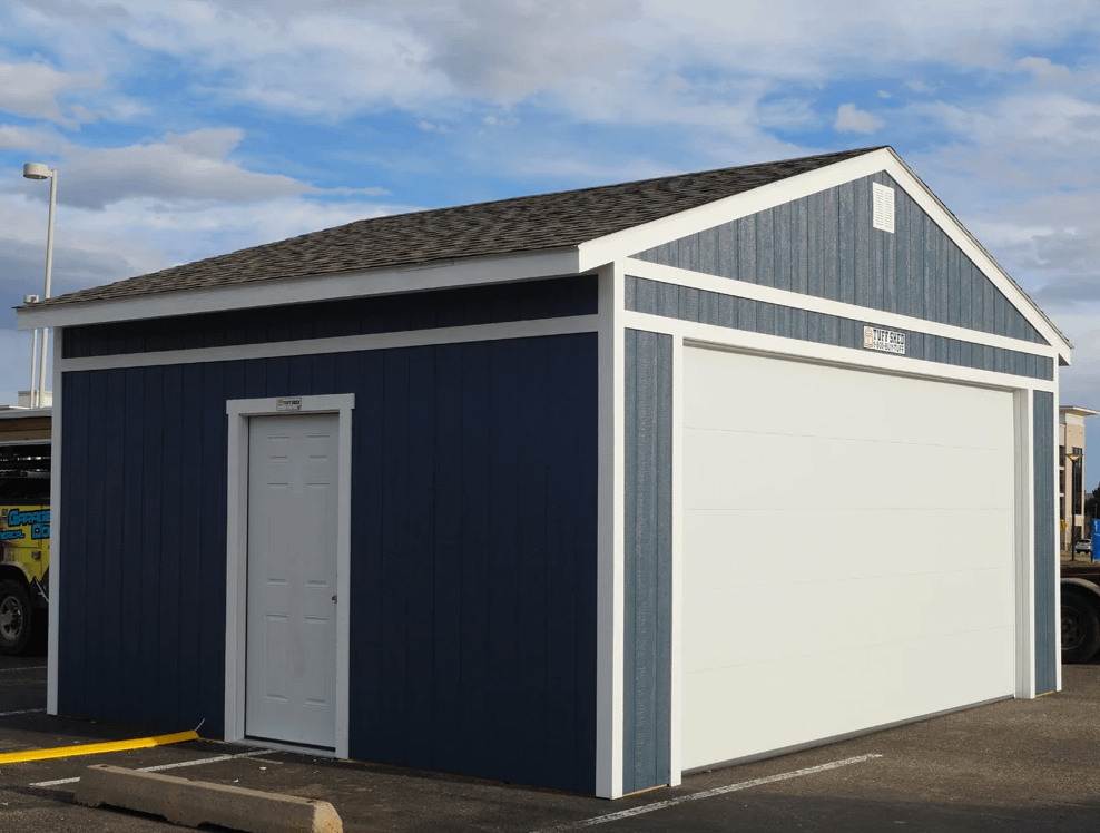 A Premier Ranch Garage Blue Side showing both garage door and entry door exterior